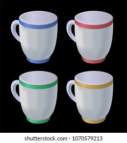 Illustrations with different color cups on black background