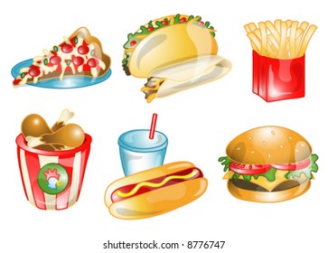 Illustrations of different fast foods icons, that can be used as a symbol, bullet, button or design element. Part of the food icon series.