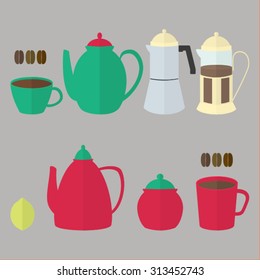Illustrations of different kinds pots and cups for tea or coffee.