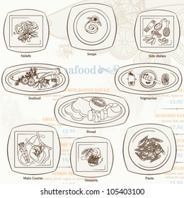 illustrations of different meals; soups, salads, pasta, desserts, main course, side dishes, seafood, bread, vegetarian; great for restaurant menu card design