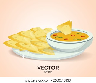 Illustrations of different mexican food icons, Nachos in a plate with cheese, chili and guacamole sauces, Nachos Platter tasty