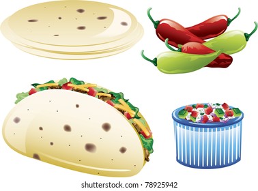 Illustrations of different mexican food icons,including pico de gallo and flour tortillas.