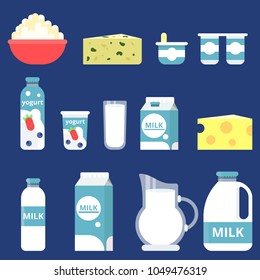 Illustrations of different milk products in flat style. Product of milk fresh in glass bottle, orgamic food for breakfast vector