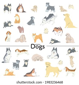 Illustrations of different types of dogs with different facial expressions and poses.