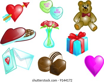 Illustrations of different valentine icons, that can be used as a symbol, bullet, button or design element. Part of the holiday icon series.
