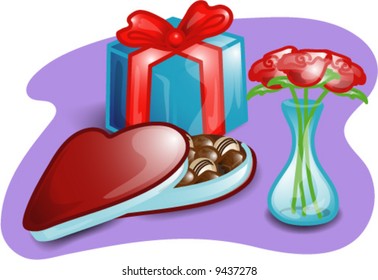 Illustrations of different valentine items and products.