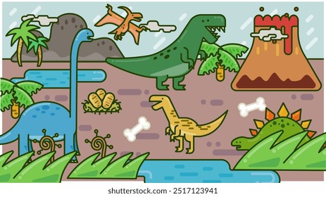 Illustrations of dinosaurs Tyrannosaurus, Velociraptor, Brachiosaurus, Stegosaurus, and Pteranodon.