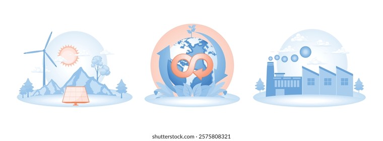 Illustrations display the concepts of sustainable energy sources, global recycling and modern industrial practices. Sustainability innovation and ecological responsibility. Circular Economy concept. 