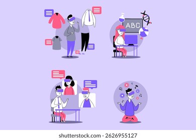Illustrations of diverse activities. Individuals engaged in fashion design, online learning, meditation and creative brainstorming, each set against vibrant background