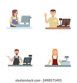 Illustrations of diverse cashiers operating registers at store checkout areas