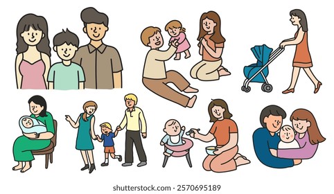 Illustrations of diverse families with children. Parents and kids playing, walking, and interacting. Family time, parenting, and children in various activities. Character element vector set.