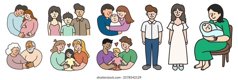 Illustrations of diverse families: parents, children, and babies. Various family types, including grandparents and parents with children. Family love and unity. Character element vector set.