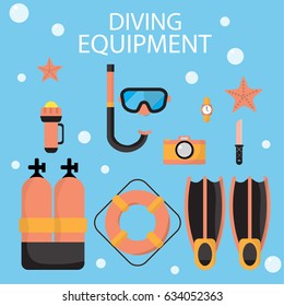 Illustrations of diving equipment such as oxygen mask, knife, watch, camera, flipper, torch can be taken. It can be used in various media.