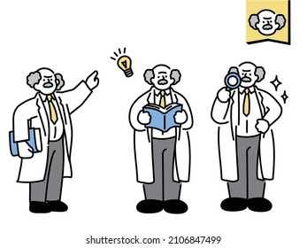 Illustrations of doctor, professor and doctor grandfathers.Bean knowledge, information, notification, explanation, hint, teacher, discovery, white coat.