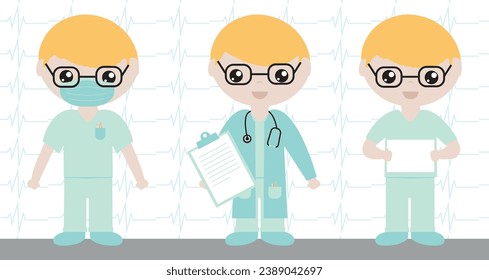 Illustrations of a doctor working in various scenarios