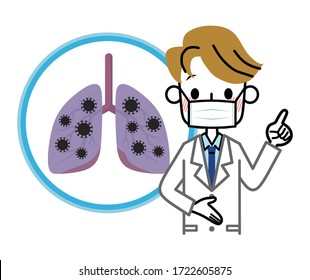 Ilustraciones de médicos, pulmones y virus.