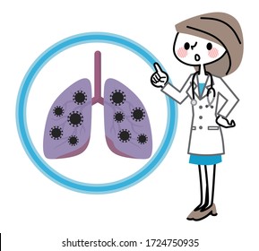 Ilustraciones de médicos, pulmones y virus.