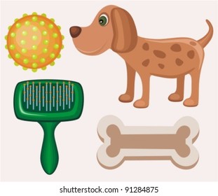 Illustrations of dog, brush, toy and bone