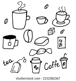 Ilustración doodle set té de café con tazas