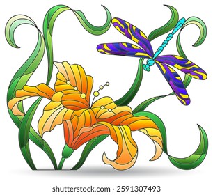 Illustrations with dragonfly and lily flower, composition isolated on a white background