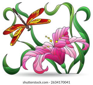 Illustrations with dragonfly and lily flower, composition isolated on a white background