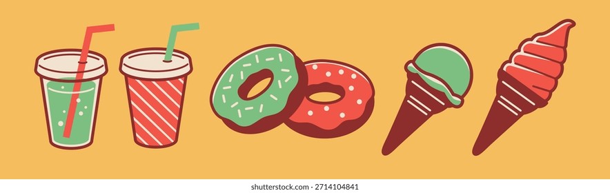 Illustrationen von Getränken, Donuts und Eis