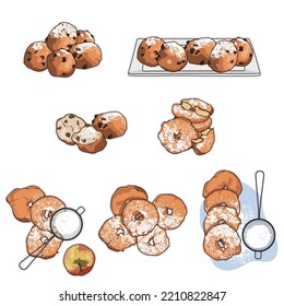 Illustrations of Dutch traditional deep fried doughnut balls and apple fritters with powdered sugar, typical Dutch food for new-year