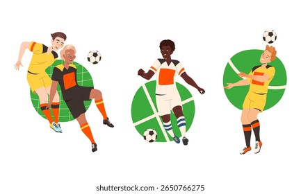 Ilustrações de jogadores de futebol dinâmico capturados em ação no campo durante as partidas
