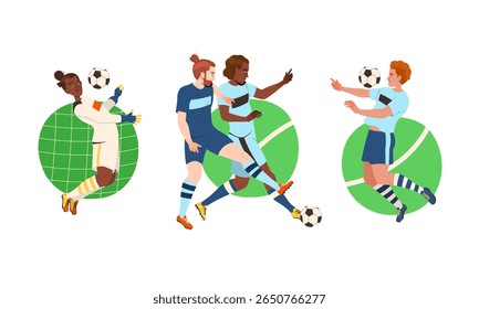 Ilustrações de jogadores de futebol dinâmico capturando ação no campo com grande energia