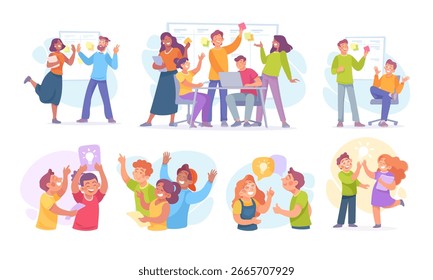 Ilustraciones de Equipo dinámico Colaboración y celebraciones en un ambiente de Espacio de trabajo vibrante