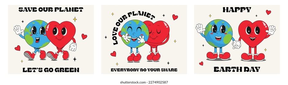 
Illustrations for Earth Day in a trendy retro cartoon style. Funny vector illustrations of planet Earth and Hearts. A set of posters with illustrations for World Environment Day. Eco-green concept.
