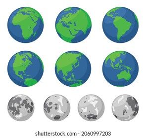 Illustrations of the Earth and the Moon from different angles.