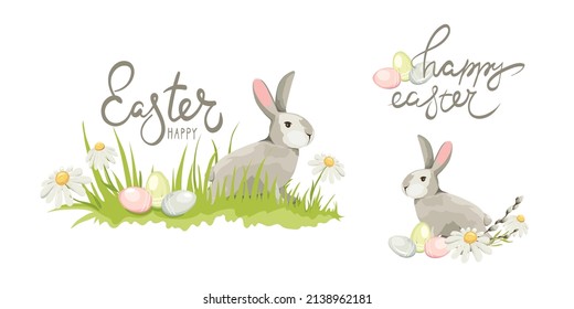 Illustrations for Easter holidays -- Rabbit, chamomile and eggs. Set vector design elements on the theme of flowering and spring.	