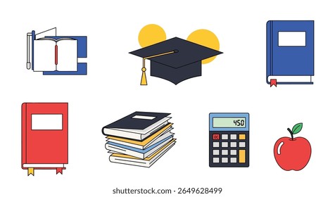 Illustrations of educational materials including books a graduation cap a calculator and an apple representing learning and academic achievement