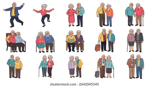Illustrations of Elderly Couples Engaging in Different Activities and Poses of Different Styles