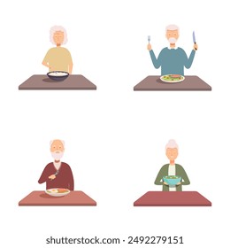 Illustrations of elderly individuals happily eating their meals alone