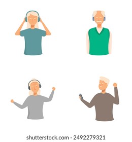 Illustrations of elderly individuals smiling and listening to music with headphones on