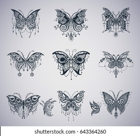 Ilustraciones de mariposas con estilo de tatuaje detallado y elegante