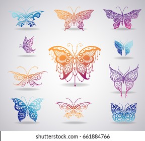 Illustrations of elegant detailed tatto style butterflies