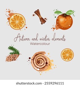 Ilustrações com elementos de design de outono e inverno. Laranja, canela, cone de abeto, canela. Trabalho artesanal