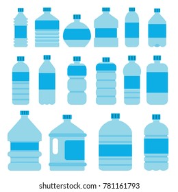 Illustrations of empty plastic bottles in flat style. Plastic container for liquid and clean water drink, mineral beverage fresh vector