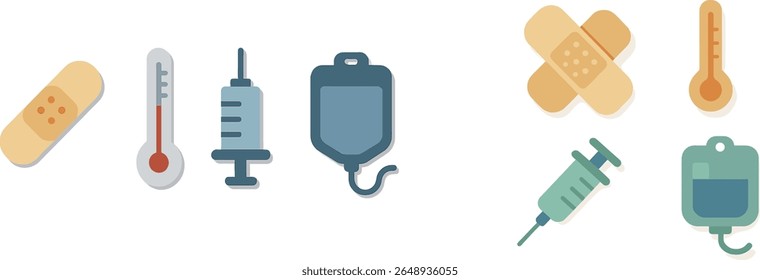 Illustrations of essential medical supplies including bandages, syringes, thermometers, and IV bags are arranged neatly. These graphics symbolize healthcare tools used in treatment and monitoring.