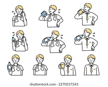 Illustrations of exercise and drinking parties.Hydrating, year-end parties, beer, sweating, health and entertainment.