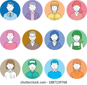 Illustrations of faces of people of various occupations and ages