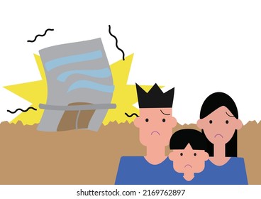 Illustrations of families fearing earthquakes in condominiums, apartments, offices, etc.