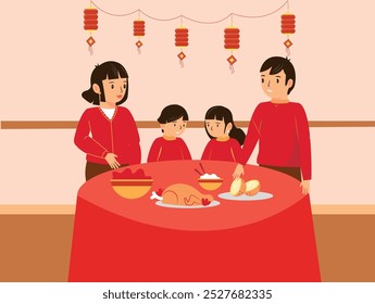 Illustrations of family during Lunar New. Family gathering for reunion dinner on new year eve. Text: Happy Reunion on New year Eve.