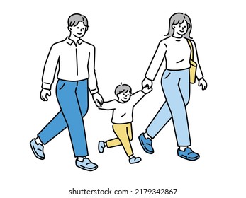 Illustrationen von Familie, Einkaufen und Einkaufen.Kinder, Reisen, Wandern, Pendeln zur Schule, Pendeln zur Arbeit, Ausgehen.