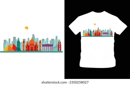Illustrations of famous landmark t-shirt design editable template