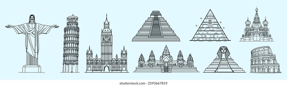 Illustrations of famous landmarks: Christ the Redeemer, Leaning Tower, Big Ben, pyramids, Angkor Wat, Sphinx, Colosseum. Iconic landmarks in simple line art. Element vector set.