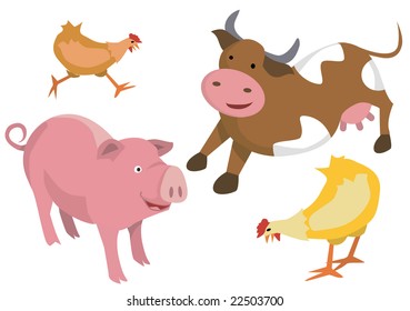 Illustrations of farm animals on the white background. Vector illustration.